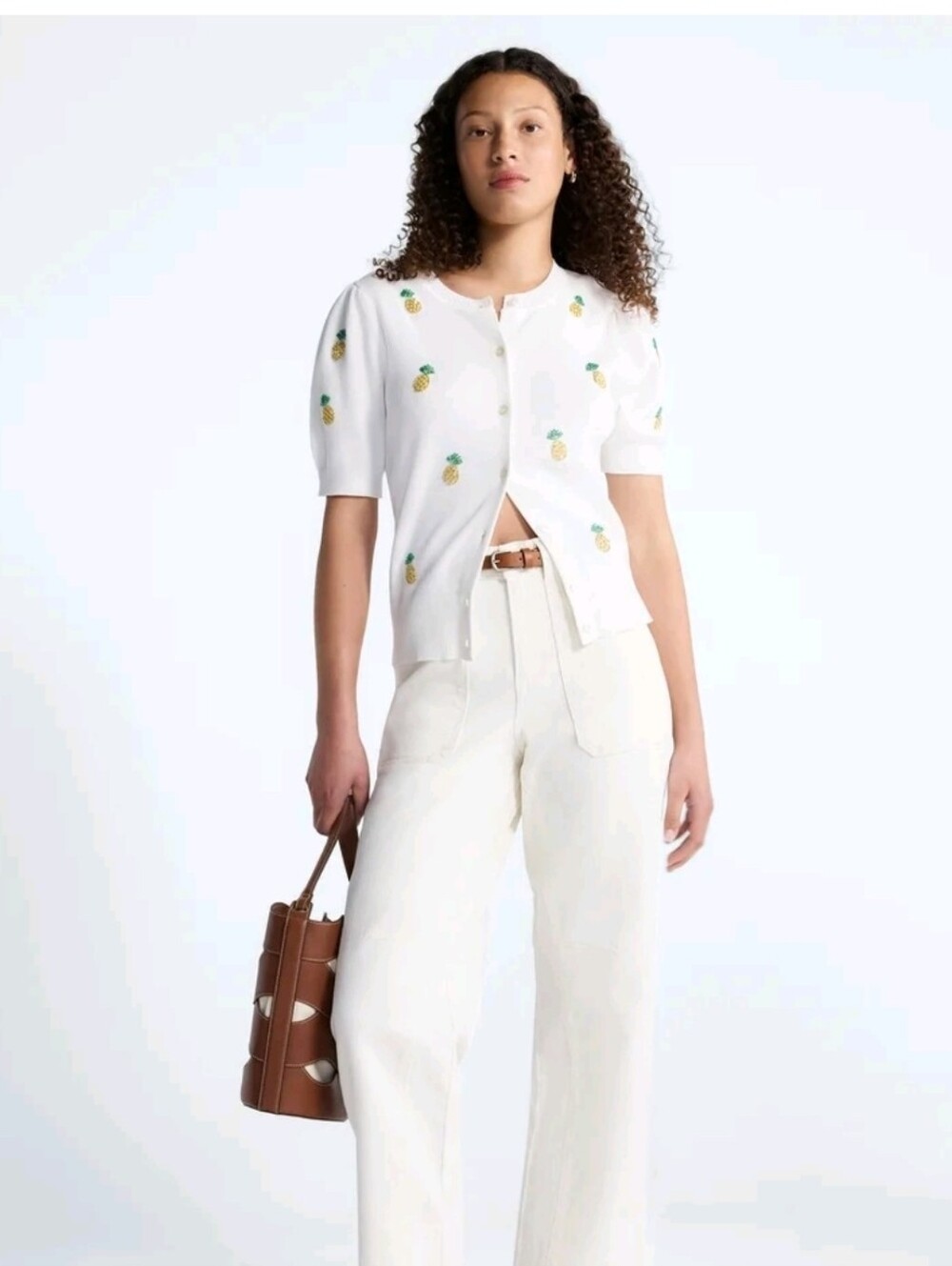 White Pineapple-Embroidered Short Sleeve Cardigan - Women's Wide Leg Styling